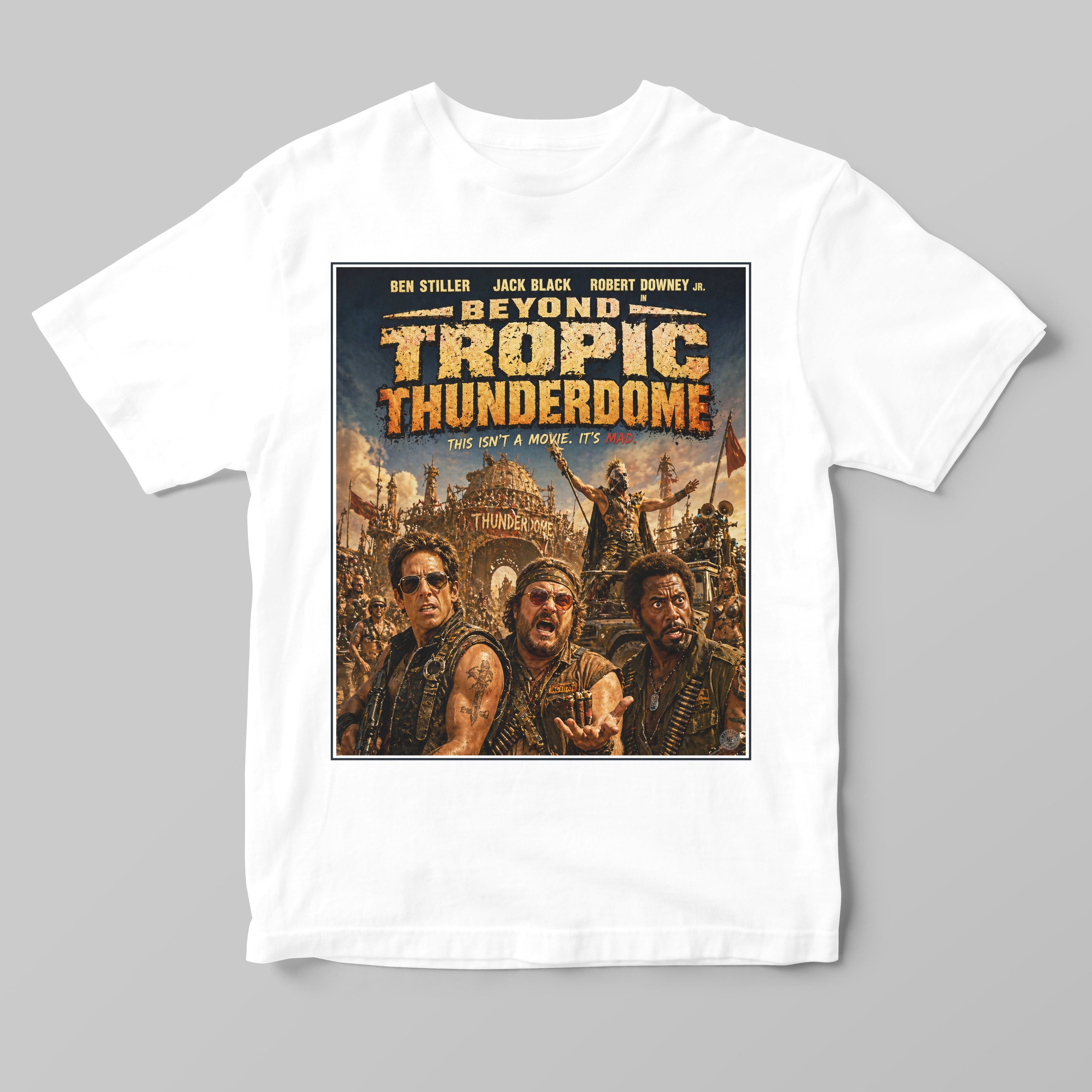 White t-shirt with 'Beyond Tropic Thunderdome' movie poster design on a gray background