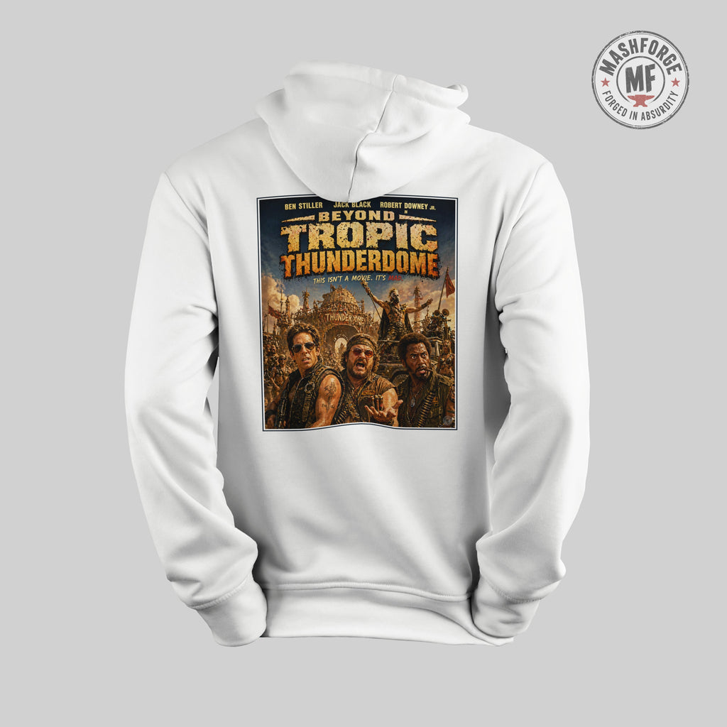 White hoodie with 'Beyond Tropic Thunderdome' graphic on a gray background