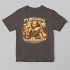 T-shirt with a Shakespeare graphic of a man and two women, with text 'My Quillshake Brings All The Girls To The Bard' on a gray background.