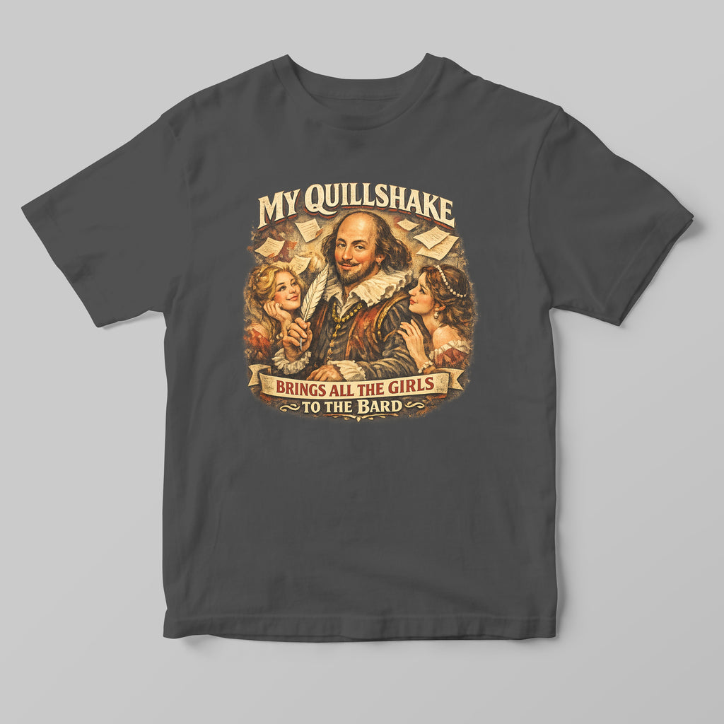 a grey t-shirt with a funny shakespeare design
