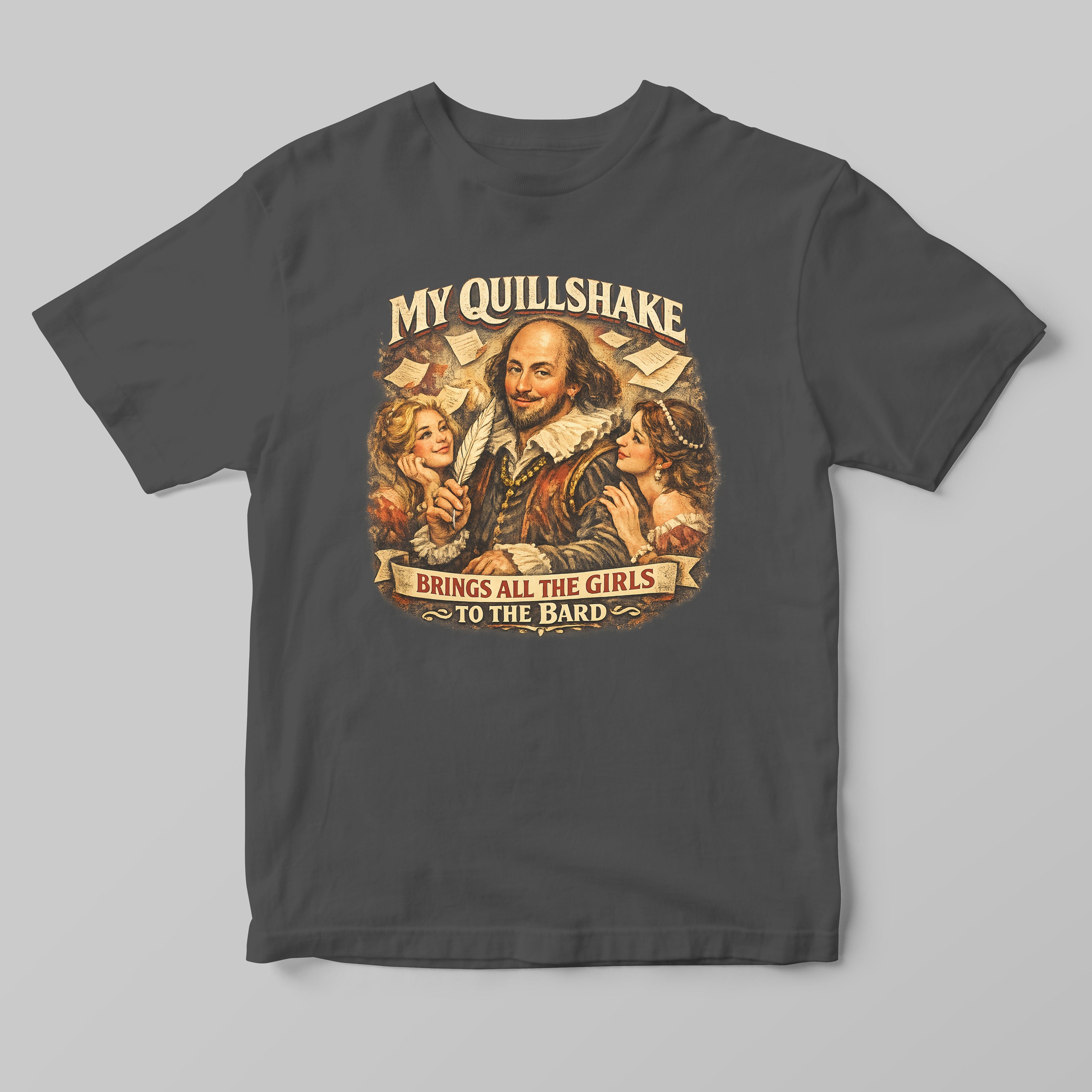 a grey t-shirt with a funny shakespeare design