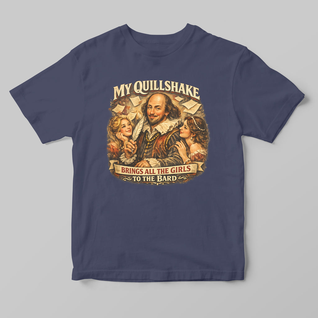 a blue tshirt with funny shakespeare art design