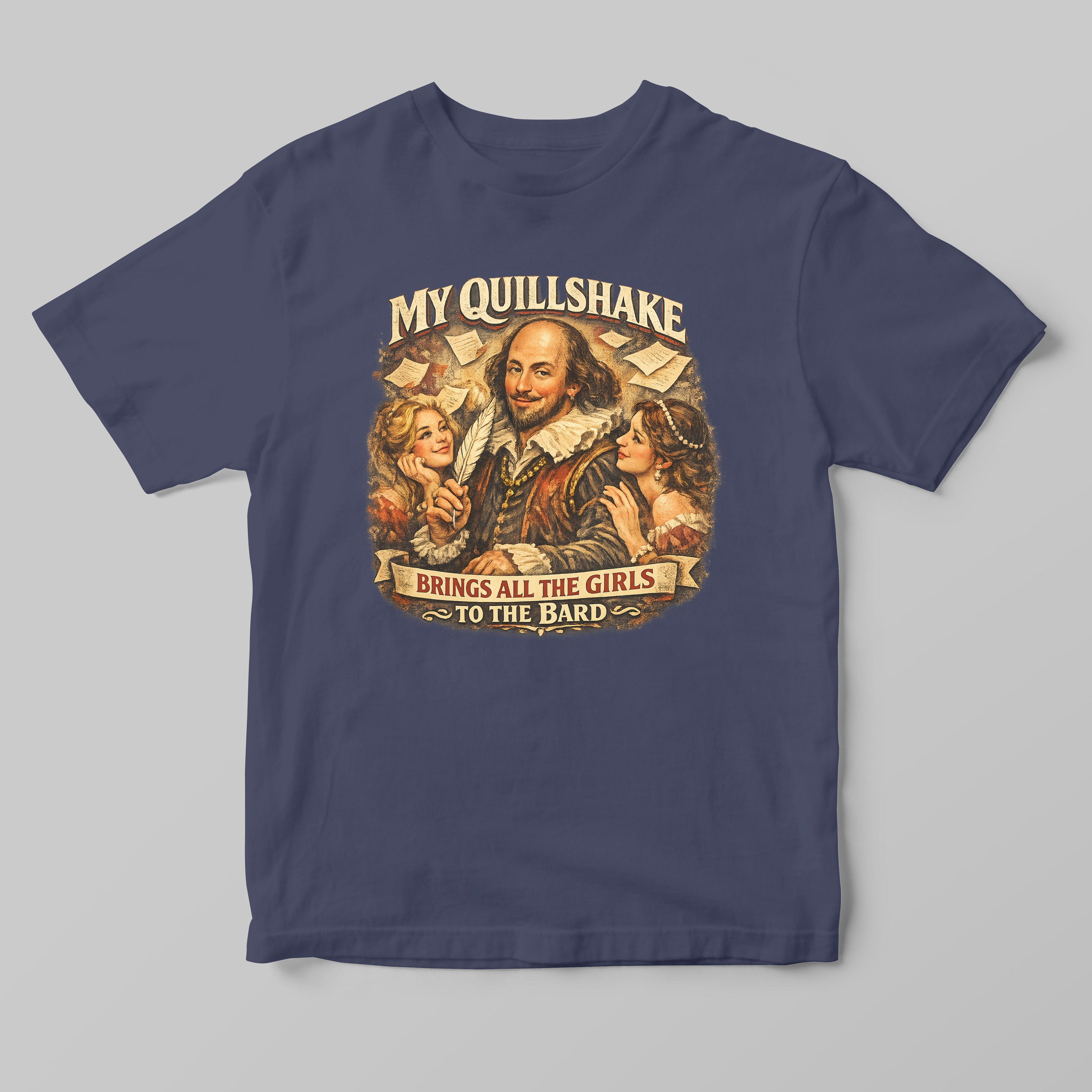 a blue tshirt with funny shakespeare art design