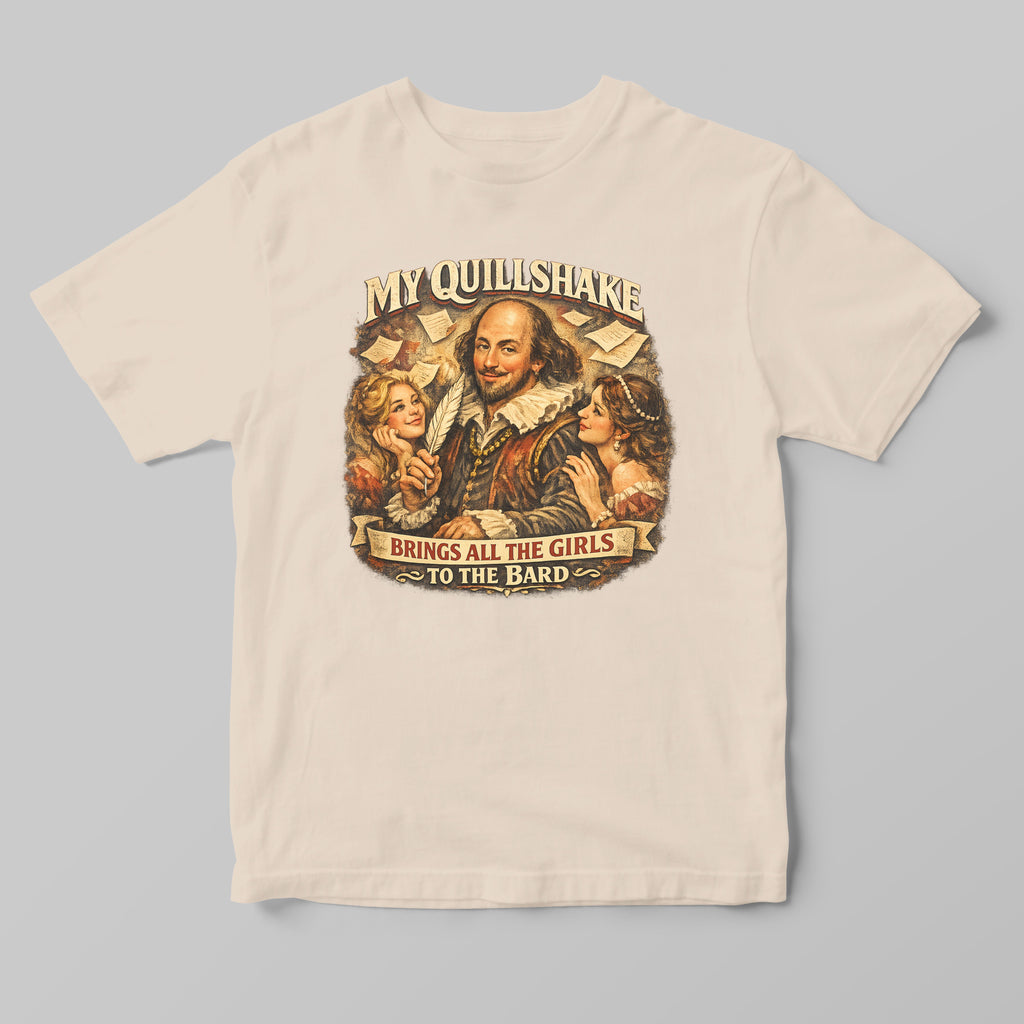 Beige t-shirt with Shakespeare graphic and text on a gray background