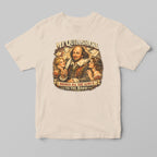 Beige t-shirt with Shakespeare graphic and text on a gray background