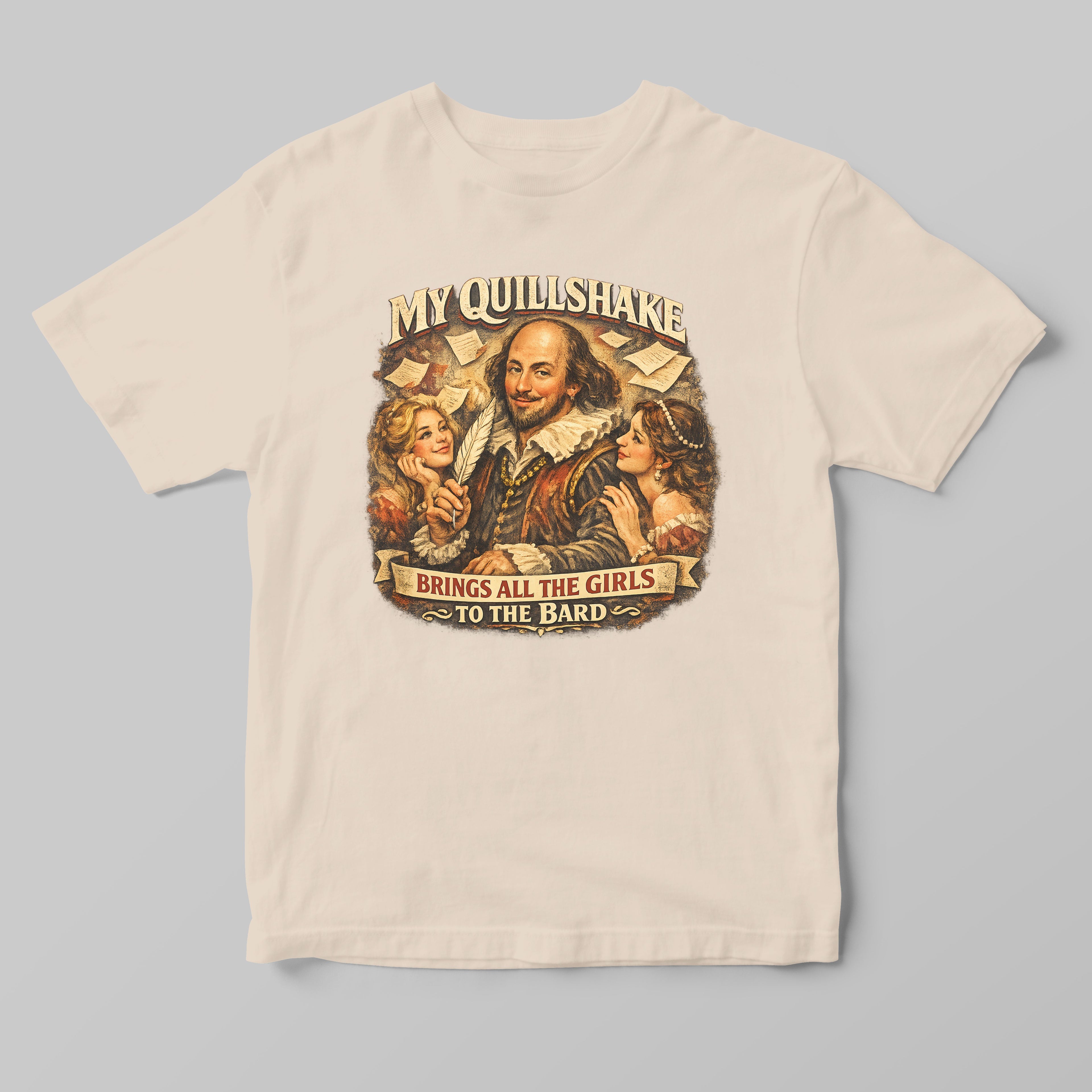 Beige t-shirt with Shakespeare graphic and text on a gray background