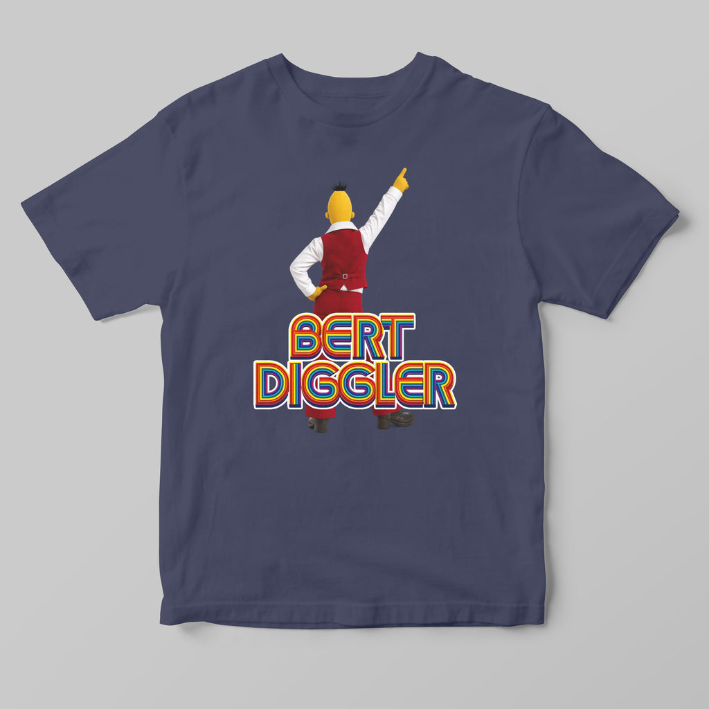 A navy blue short-sleeve t-shirt with a graphic of a dancing character and the text 'BERT DIGGLER' printed on the front, displayed against a neutral gray background.
