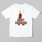 A white short-sleeve crewneck t-shirt featuring a graphic of the character Bert Diggler from The Simpsons dancing, with the text 'BERT DIGGLER' printed below in orange, blue, and yellow.