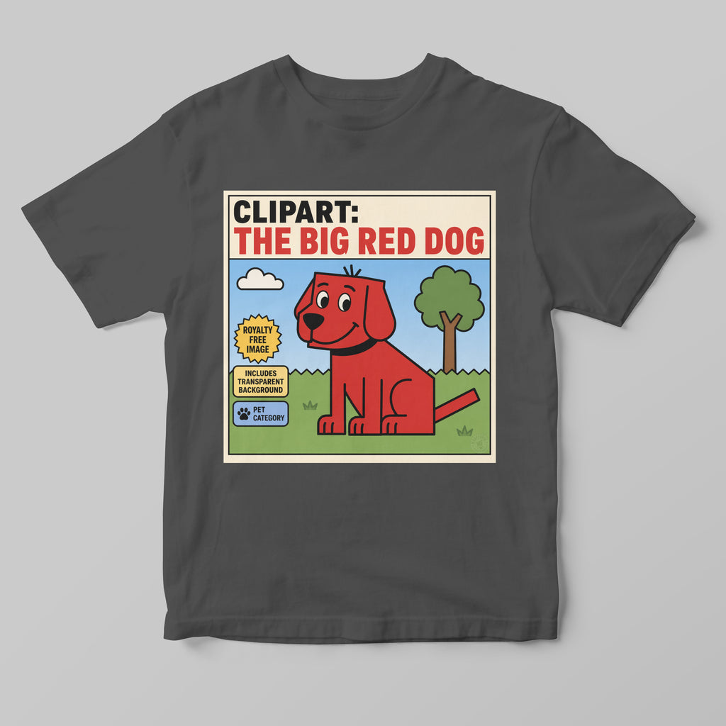 Gray t-shirt with a funny clipart graphic of a big red dog and text on a gray background