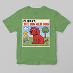 Green t-shirt with a graphic of a red dog and text on a gray background