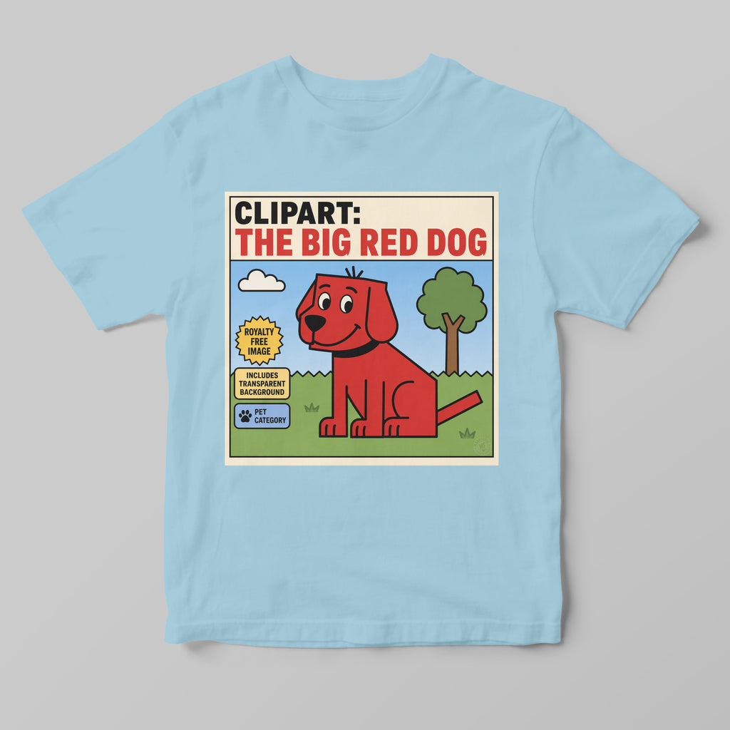 Light blue t-shirt with a funny clipart graphic of a big red dog and text on a gray background