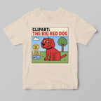 Cream t-shirt with a funny clipart graphic of a big red dog and text on a gray background