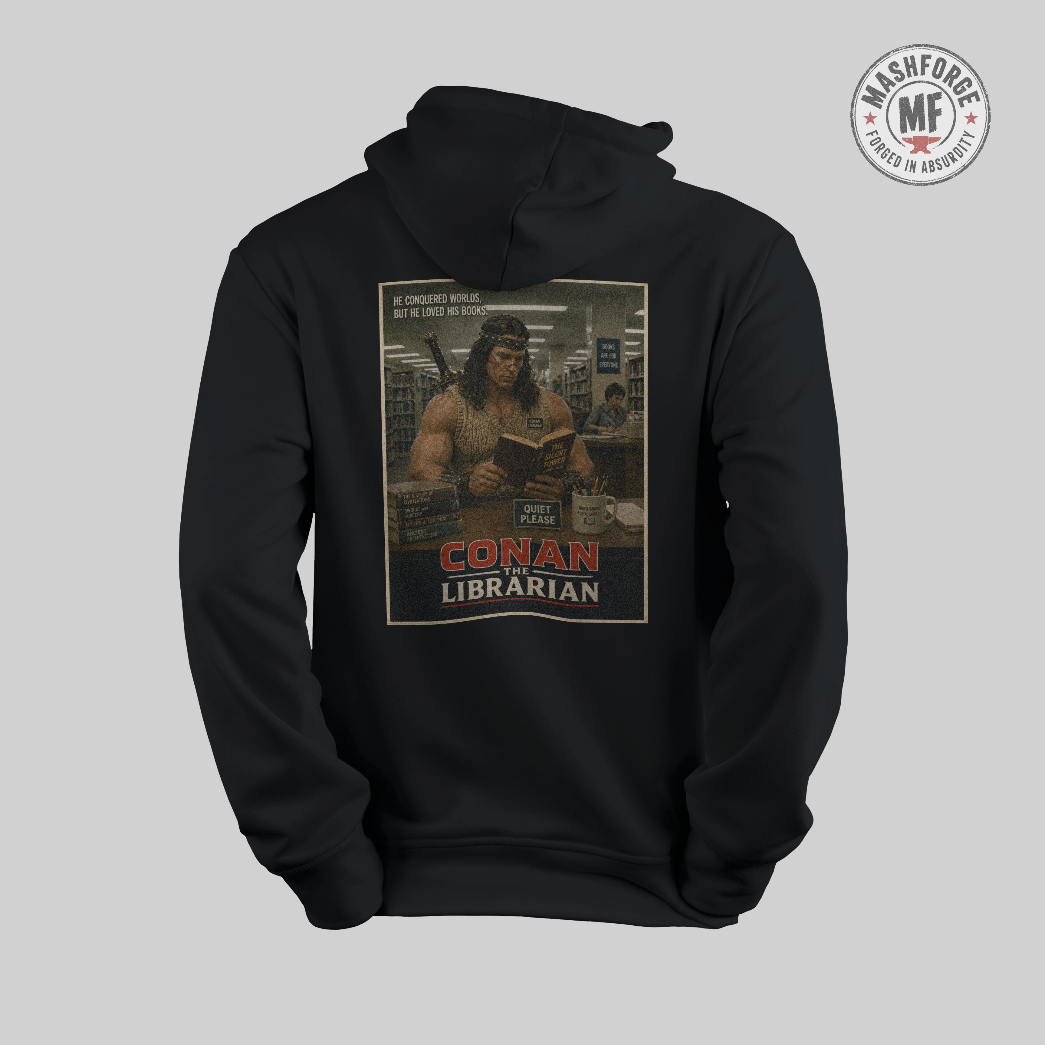 Black hoodie with 'Conan the Librarian' graphic on a gray background