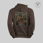 Brown hoodie with 'Conan the Librarian' graphic on a gray background 