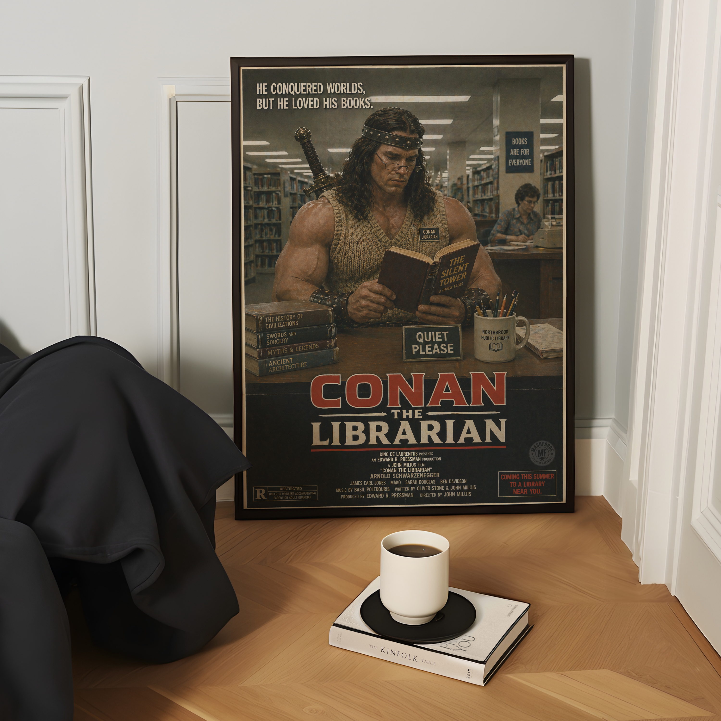 Poster of a character reading a book with text 'Conan the Librarian' in a library setting, placed on a wooden surface.