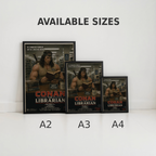 Three sizes of 'Conan the Librarian' posters displayed on a white surface with 'Available Sizes' text above.