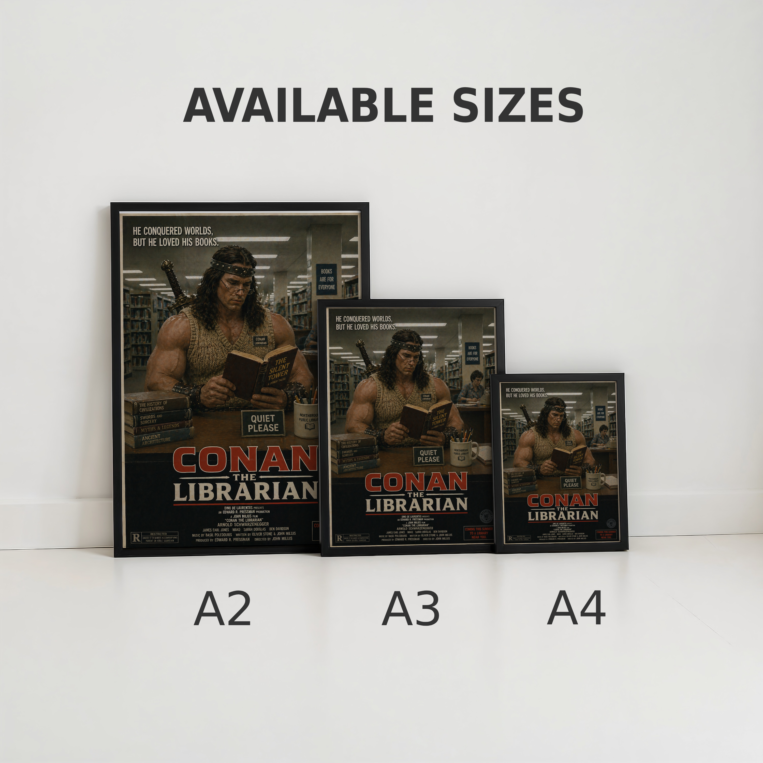 Three sizes of 'Conan the Librarian' posters displayed on a white surface with 'Available Sizes' text above.