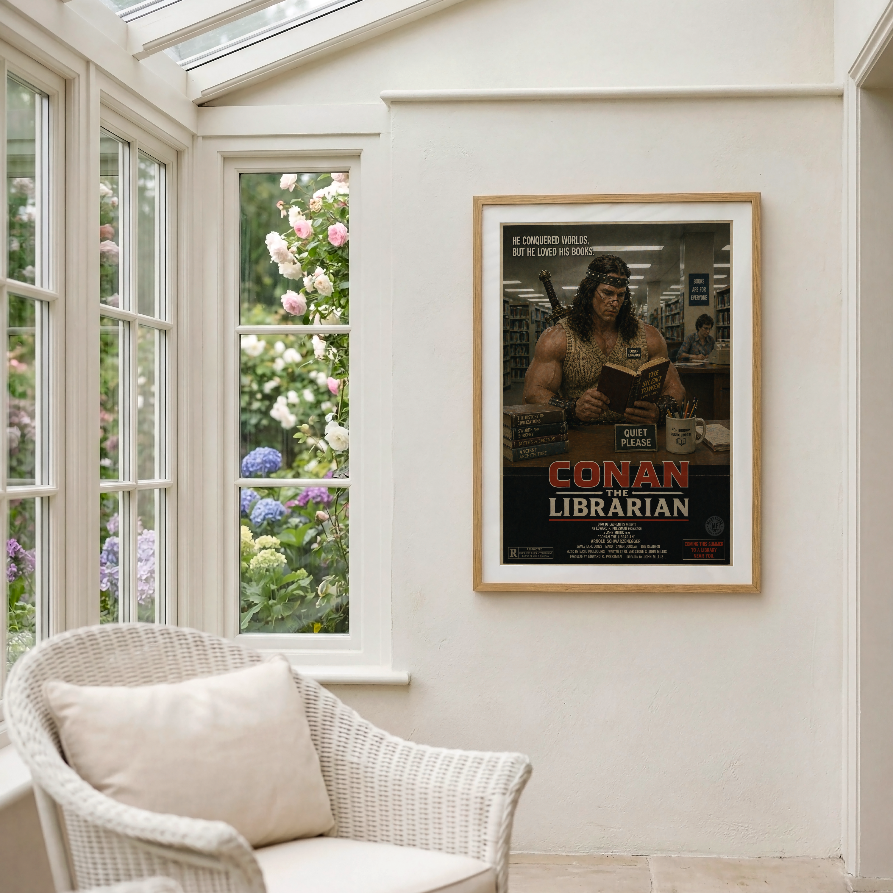Framed poster of 'Conan Librarian' on a wall with a window showing flowers.