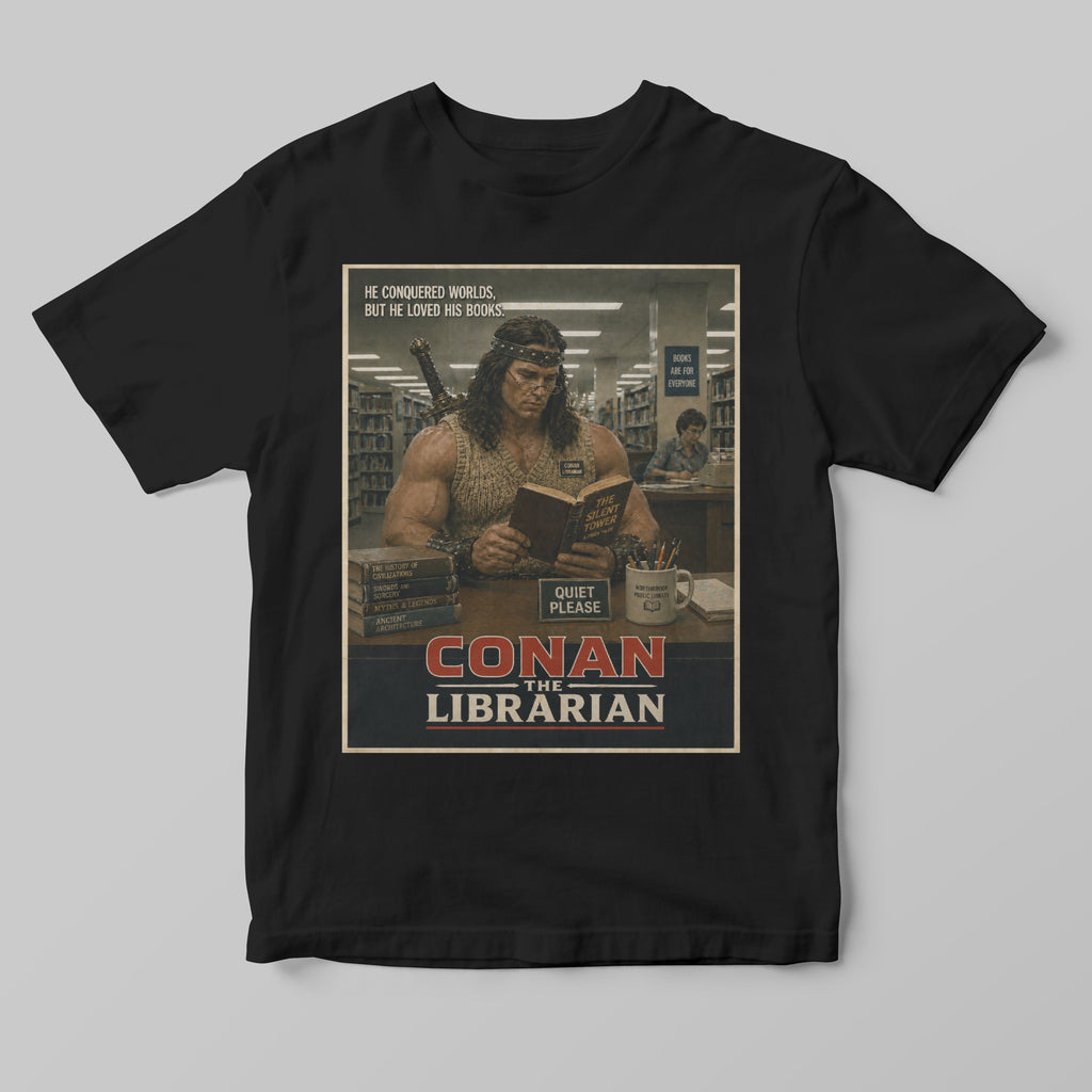 Funny Black t-shirt with 'Conan the Librarian' graphic design on a gray background