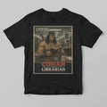 Funny Black t-shirt with 'Conan the Librarian' graphic design on a gray background