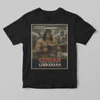 Funny Black t-shirt with 'Conan the Librarian' graphic design on a gray background