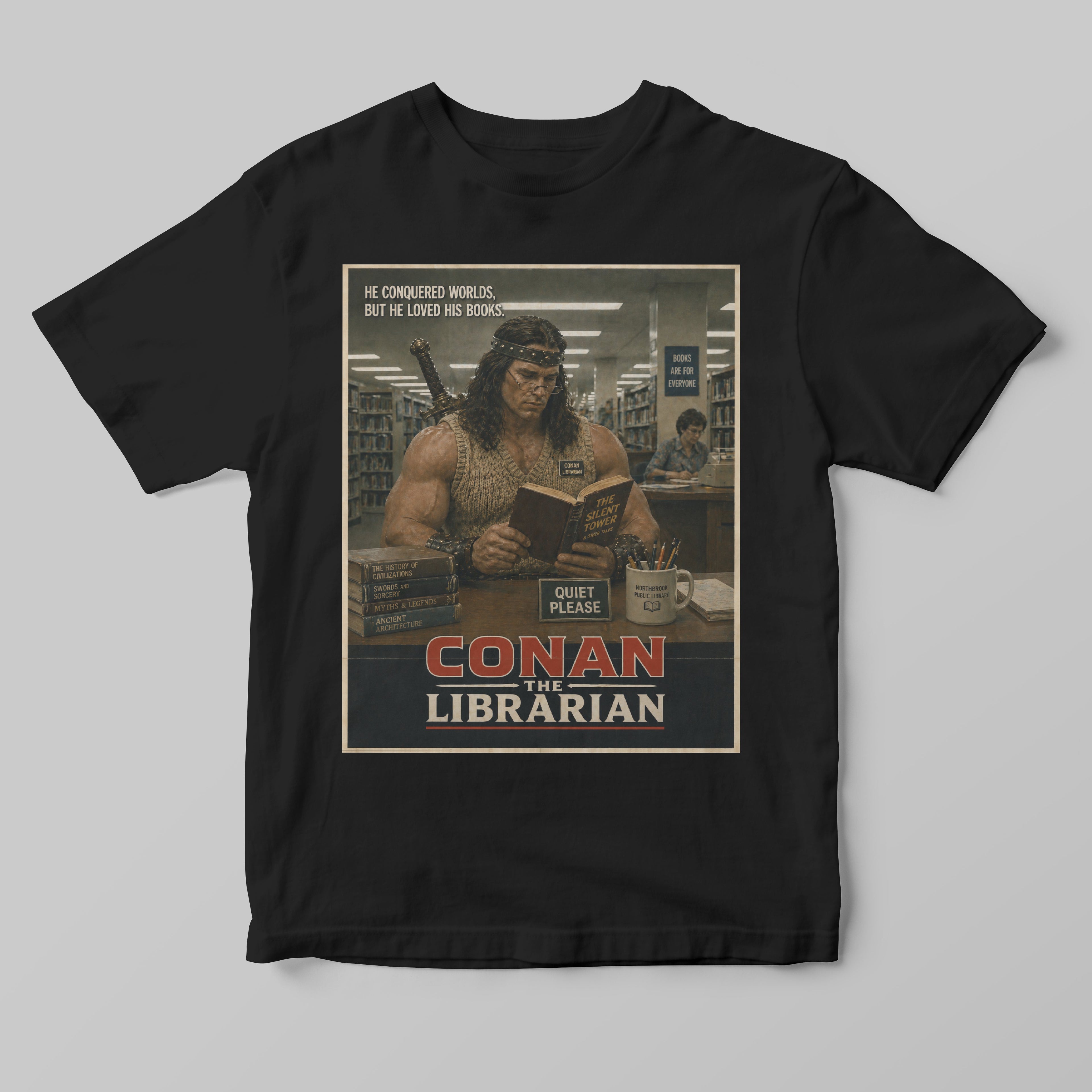Funny Black t-shirt with 'Conan the Librarian' graphic design on a gray background