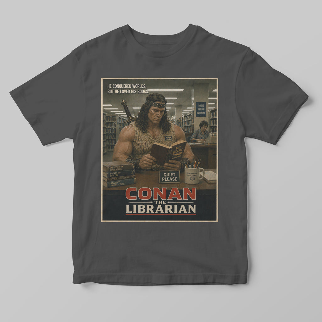 Funny parody T-shirt with 'Conan the Librarian' graphic on a gray background