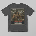 Funny parody T-shirt with 'Conan the Librarian' graphic on a gray background