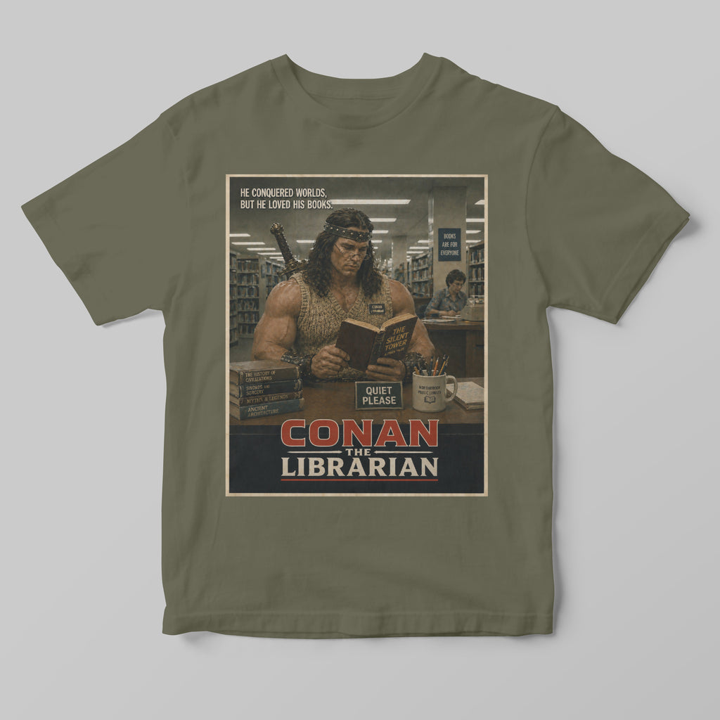 Green t-shirt with 'Conan the Librarian' graphic design on a gray background