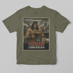 Green t-shirt with 'Conan the Librarian' graphic design on a gray background