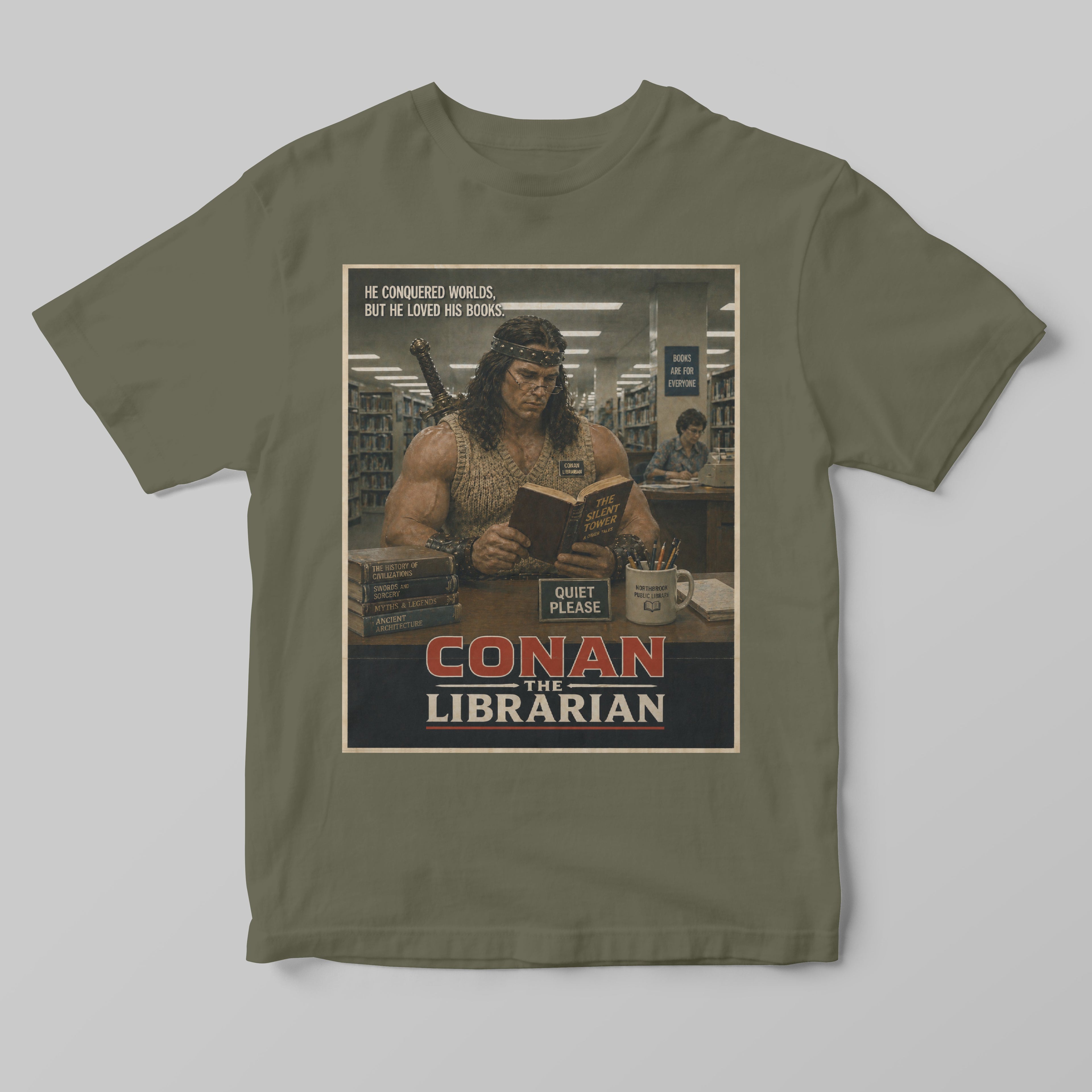 Green t-shirt with 'Conan the Librarian' graphic design on a gray background