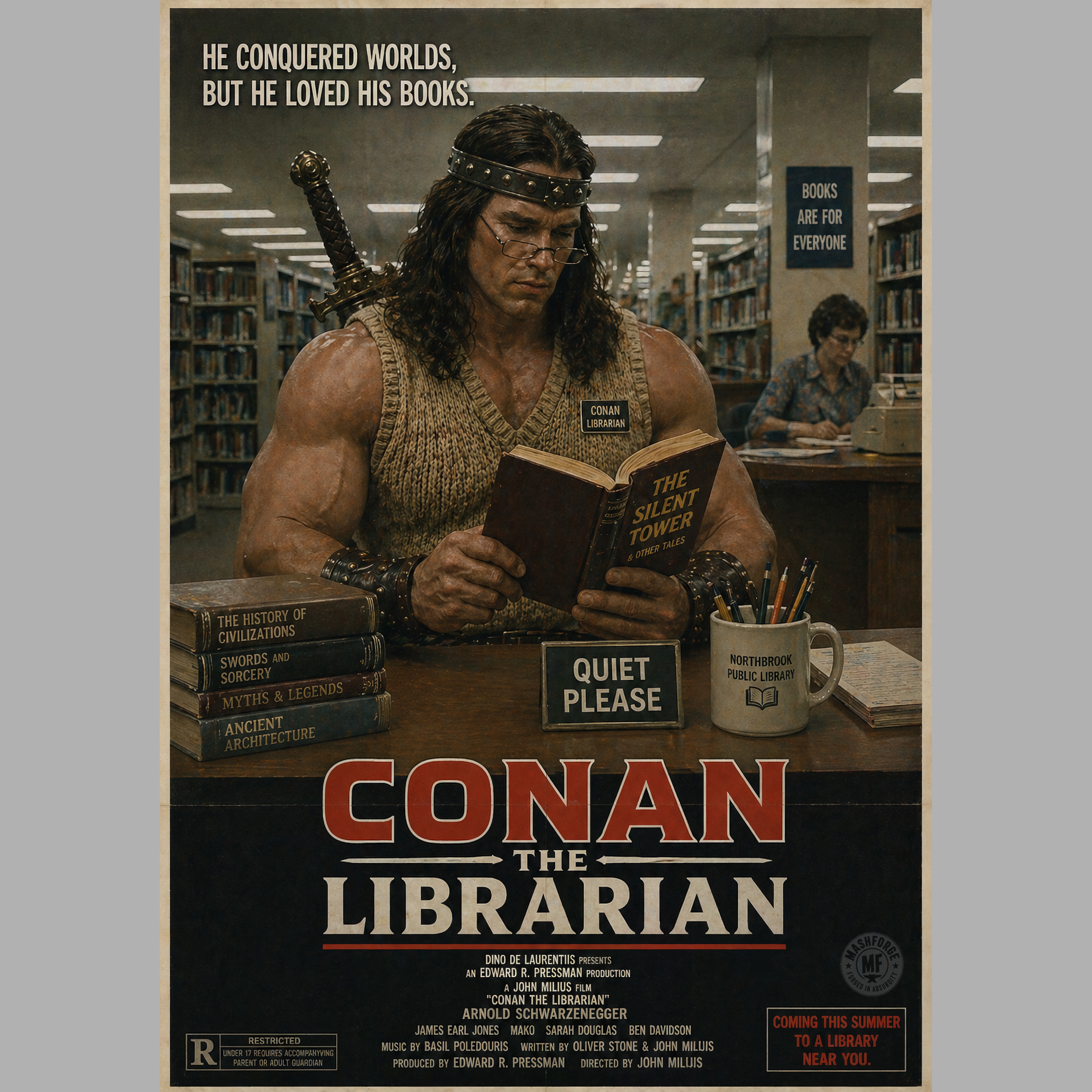 Movie poster of a muscular man with long hair reading a book in a library, with text 'Conan the Librarian' at the bottom.