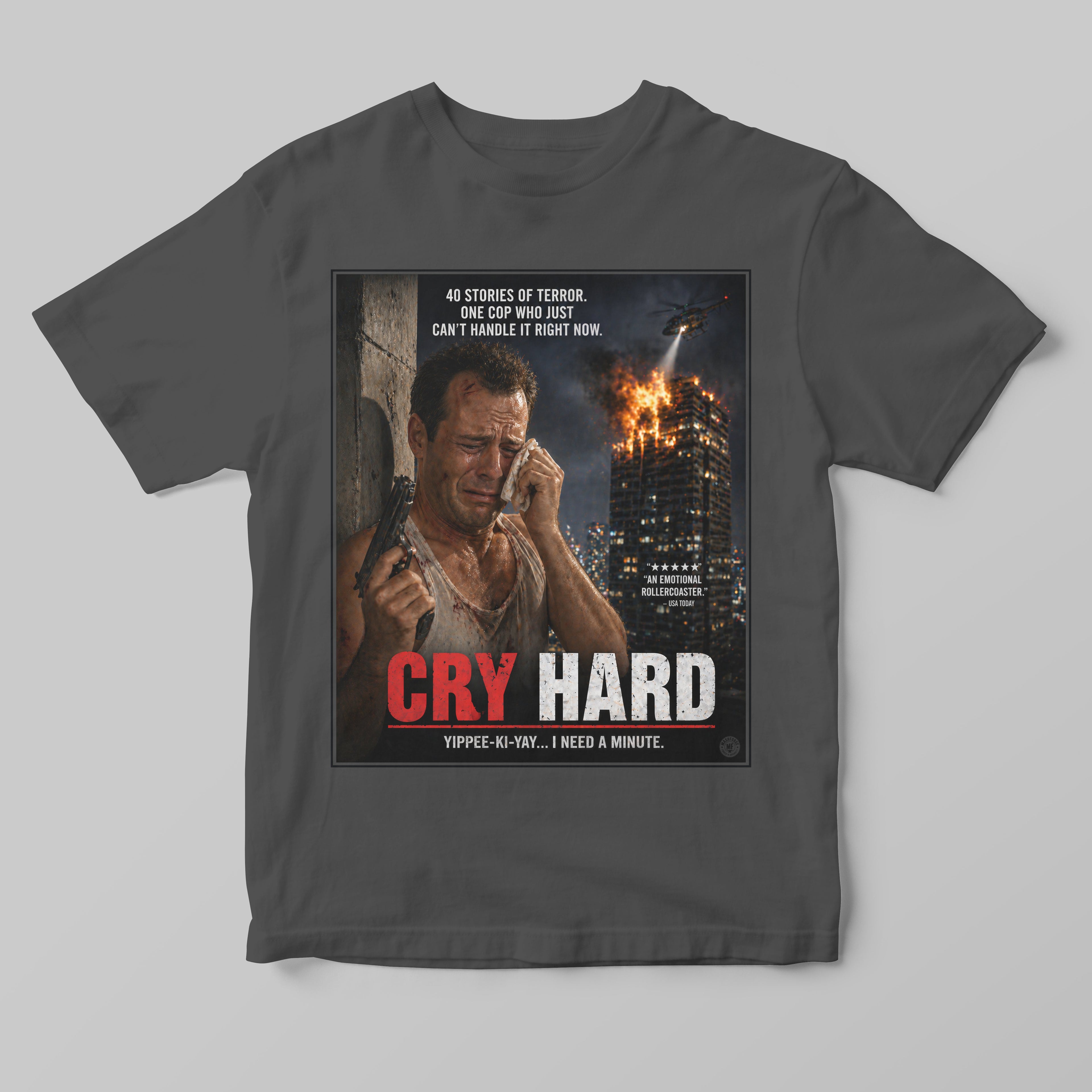 a charcoal tshirt with a funny die hard movie inspired parody design print