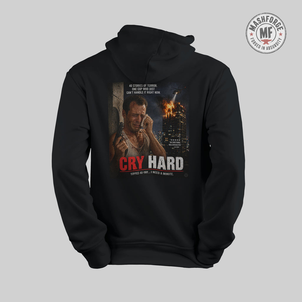 Black hoodie with graphic design and text 'Cry Hard' on a gray background