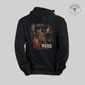 Black hoodie with graphic design and text 'Cry Hard' on a gray background