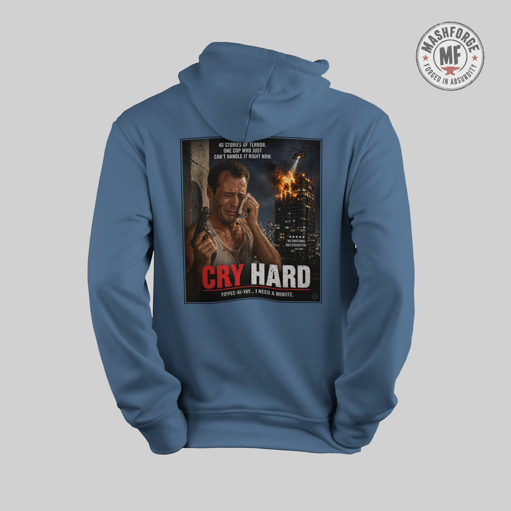 Blue hoodie with a graphic design on the back featuring a man on a phone and text 'Cry Hard' against a cityscape background.