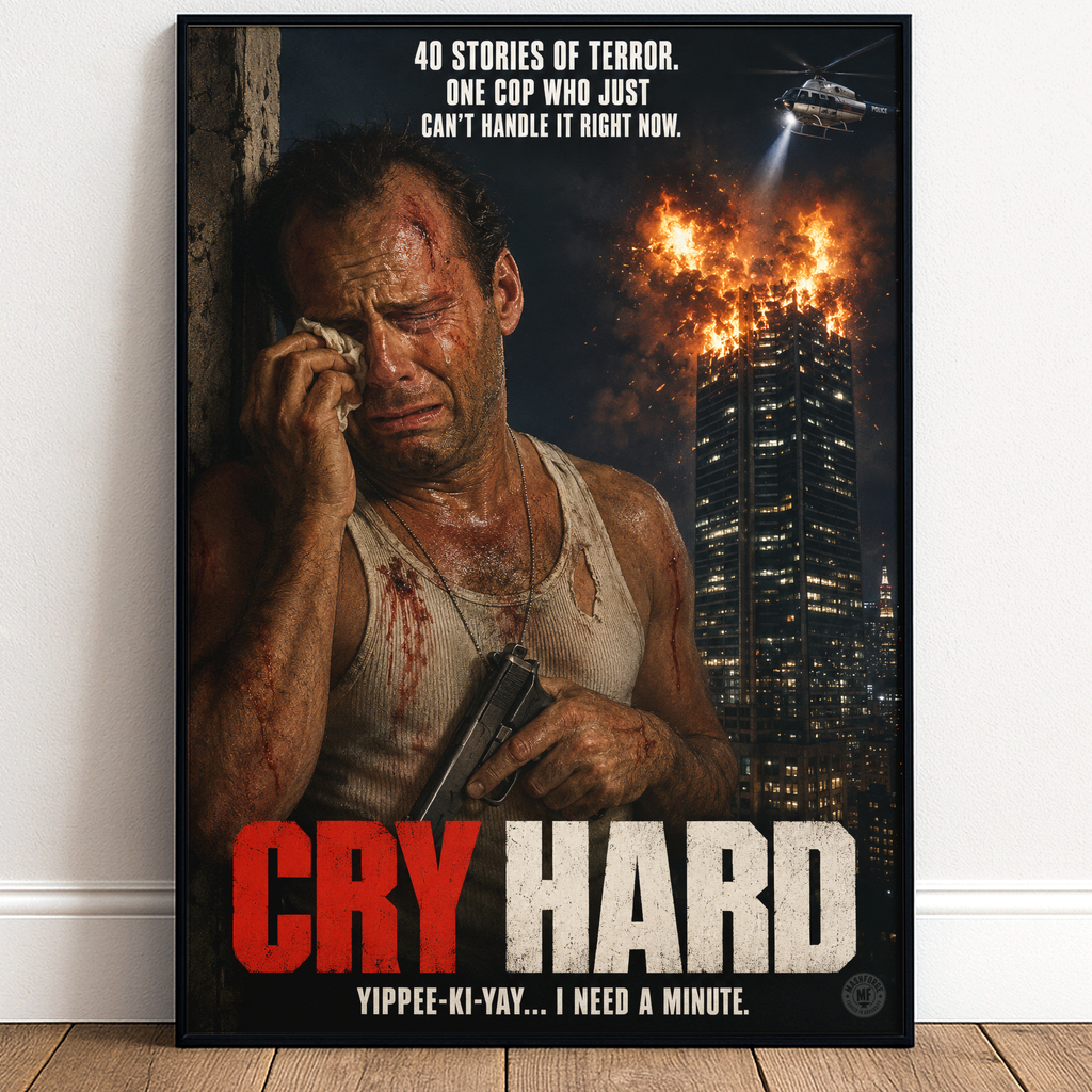 Movie poster for 'Cry Hard' with a distressed character and cityscape in the background.