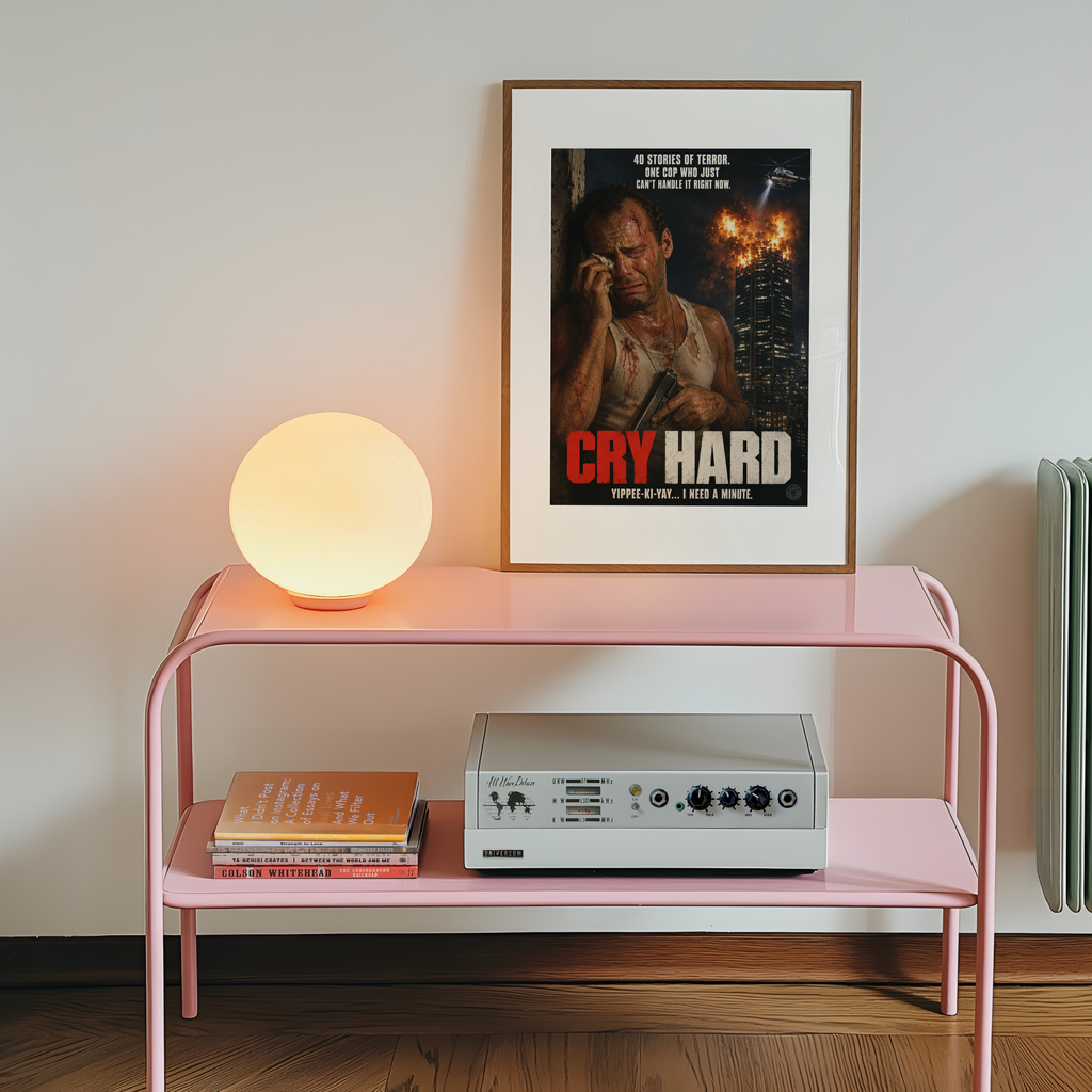 Pink shelf with a lamp, books, and an amplifier against a wall with a framed Die Hard movie poster.