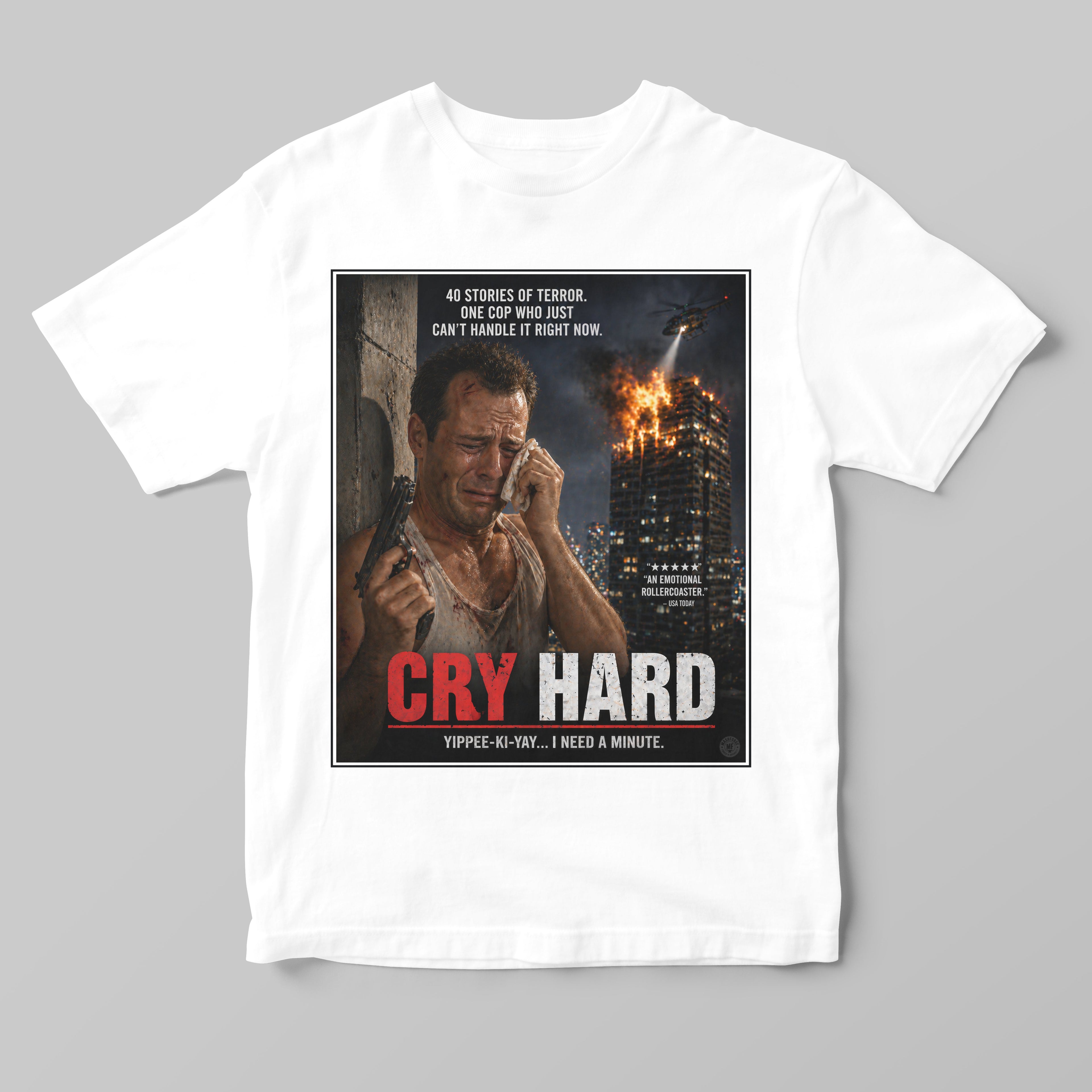 a white tshirt with a funny die hard movie inspired parody design print