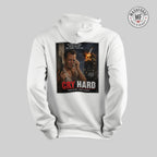 White hoodie with a graphic design on the front featuring a Die Hard movie poster and with a burning building in the background.