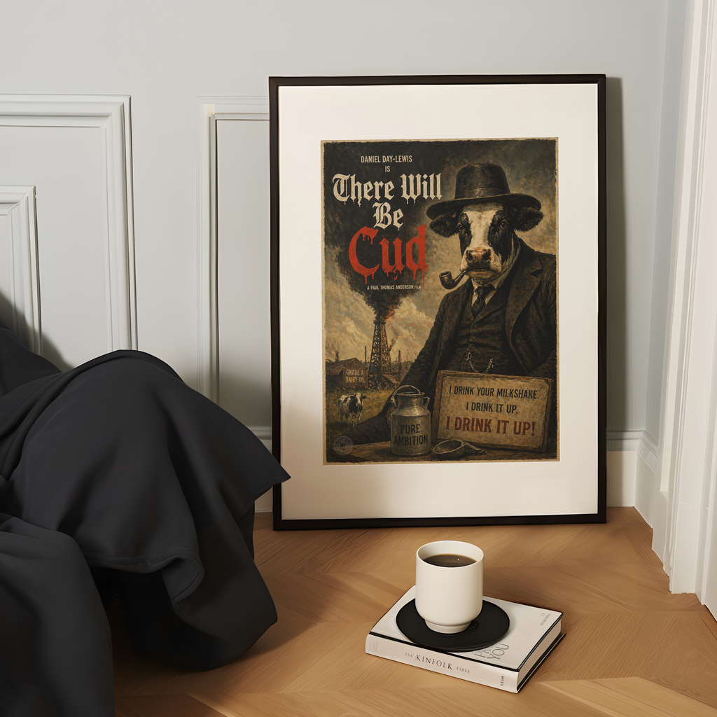 Framed fake movie poster of a cow in a suit with text on a wall above a coffee cup and book.