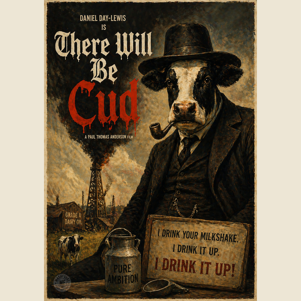 Vintage-style poster with a cow in a suit and hat, smoking a pipe, and holding a sign.