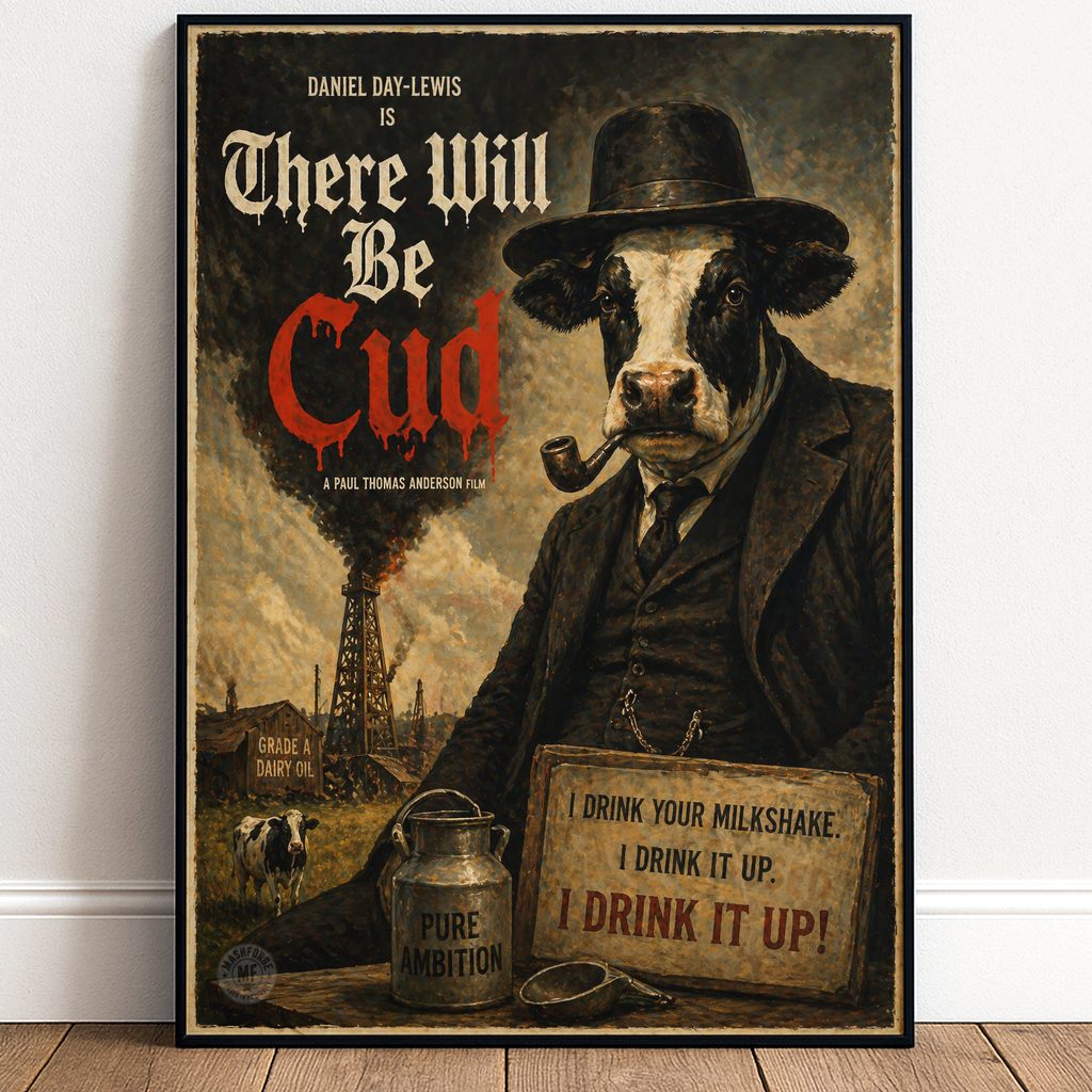 Funny vintage-style there will be blood movie poster with a cow in human clothing and a pipe, set against an industrial background.