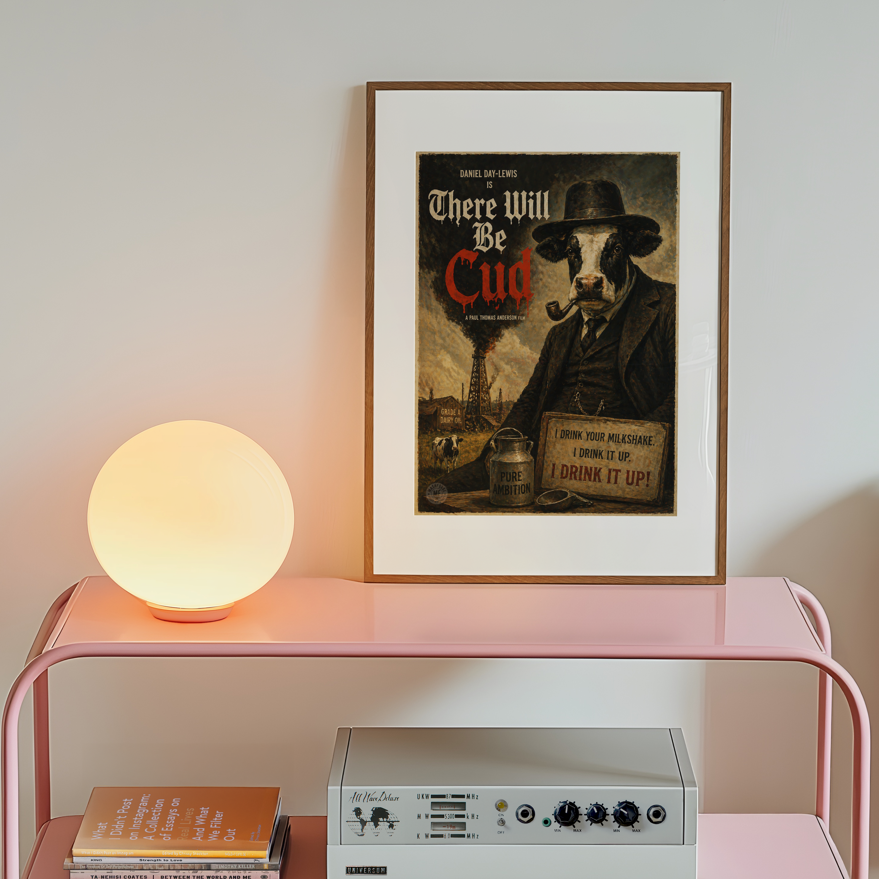 Framed poster of a cow with a man smoking a pipe on a pink table with a lamp and books.