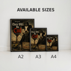 Three framed posters with a cow in a suit and hat, labeled 'There Will Be Cud', on a white surface.