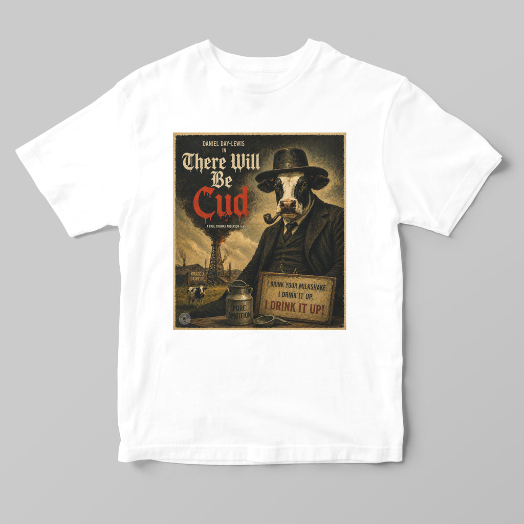  a white tshirt with a funny there will be cud cow print
