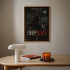 Poster titled 'Deep Goat' on a wall above a table with a lamp and candle.