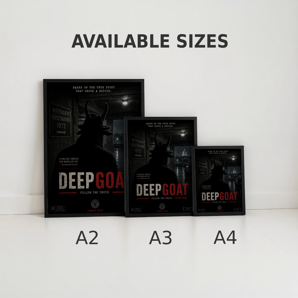Three sizes of 'DEEP GOAT' posters displayed with available size labels.