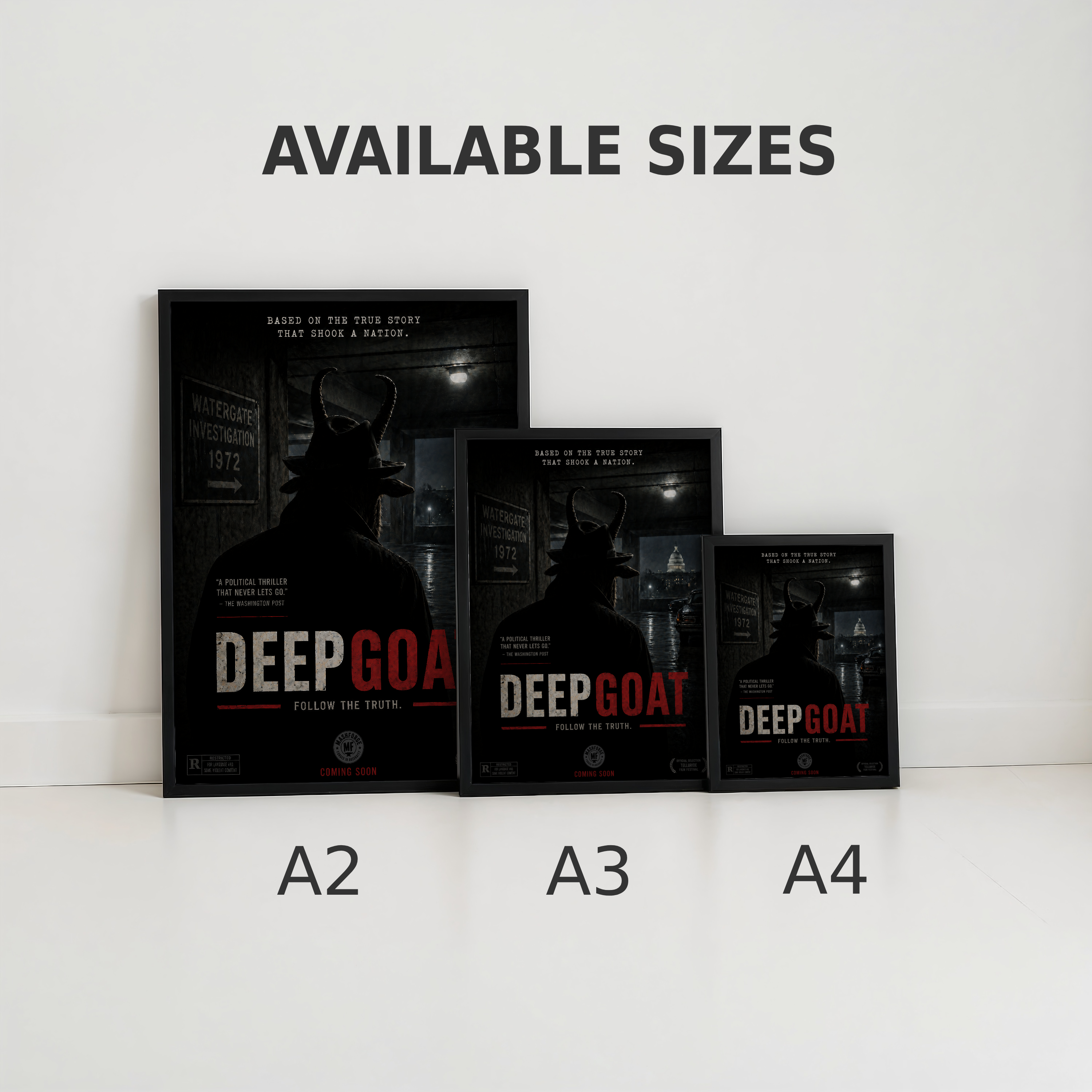 Three sizes of 'DEEP GOAT' posters displayed with available size labels.