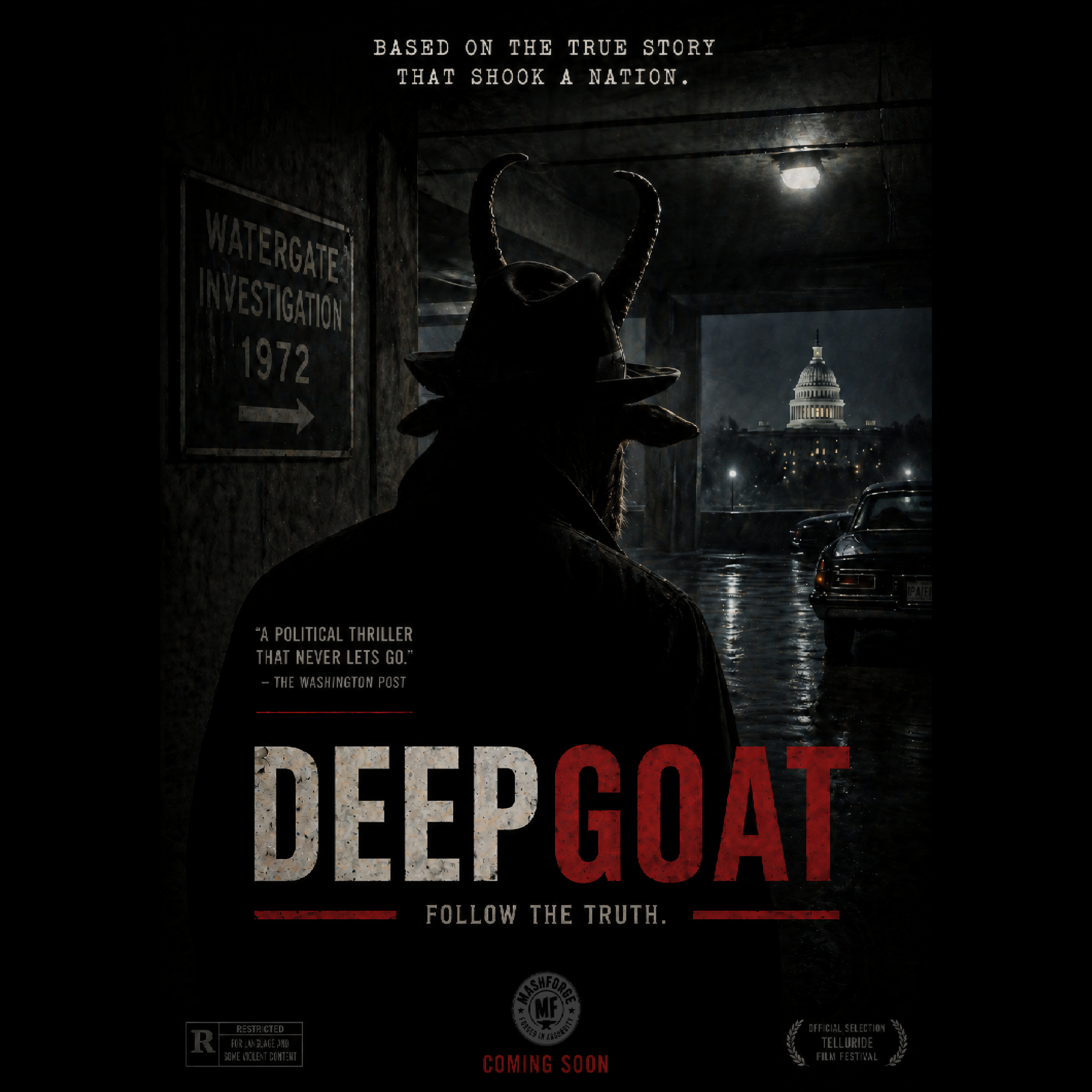 Movie poster for 'Deep Goat' with a silhouette of a goat-like figure and text about Watergate investigation.